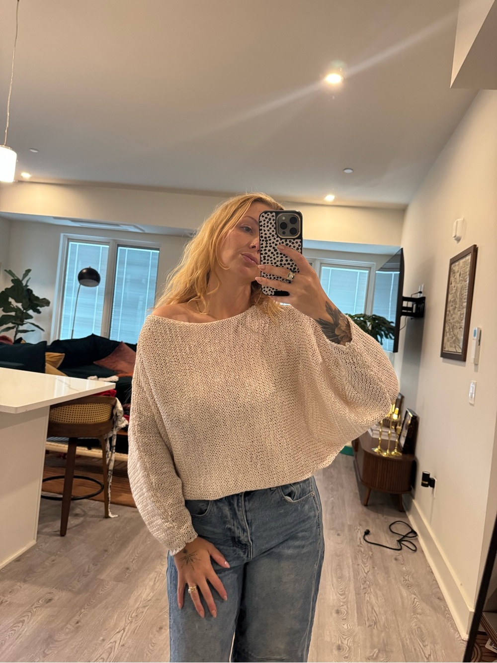 Zara Cream Off-Shoulder Knit Pullover Sweater
